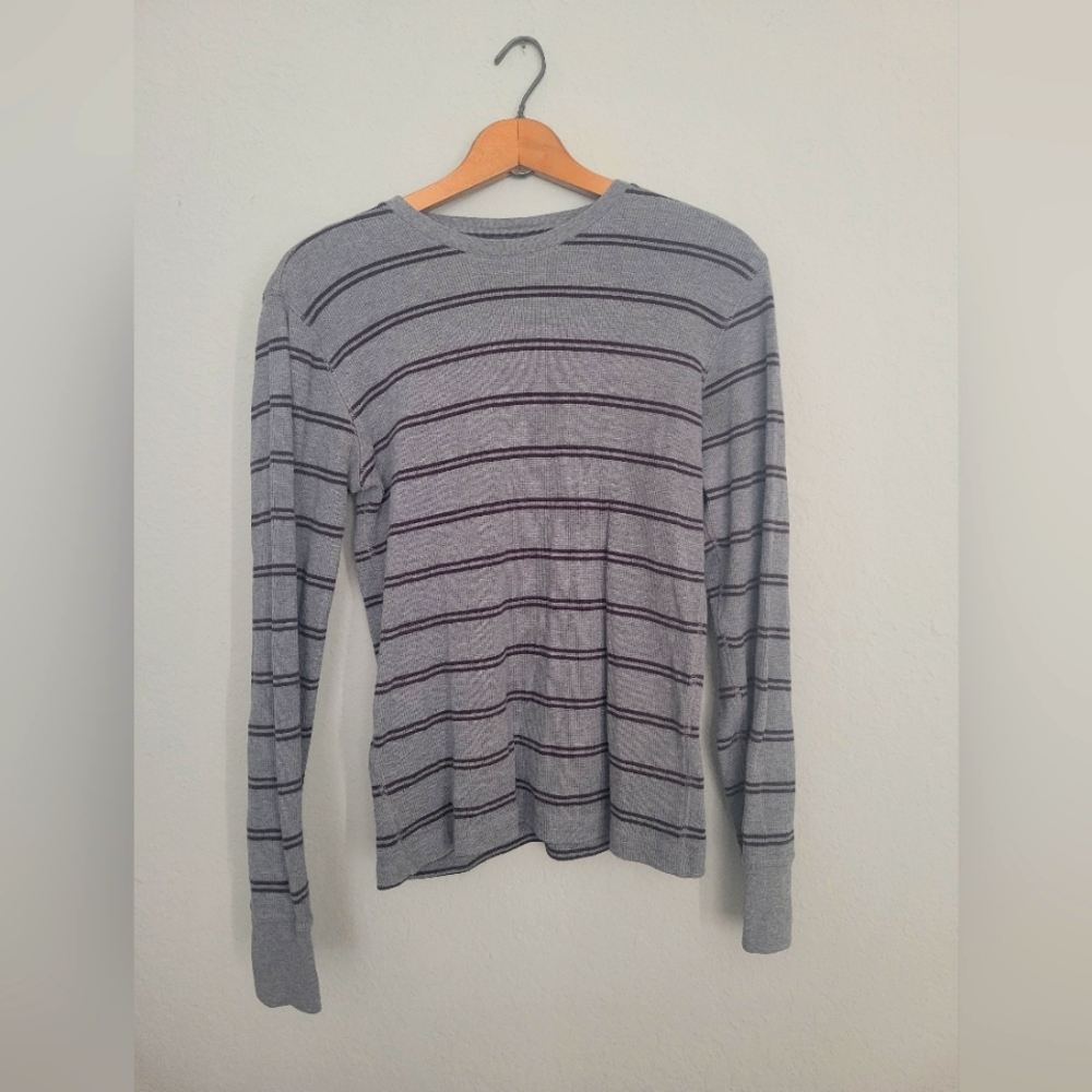 Banana Republic Men's Thermal Crew Grey & Brown Striped Long Sleeve Shirt- Small